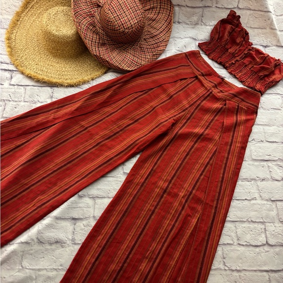 None Pants - 🔵”LIKE NEW” BURNT ORANGE Faux Wrap Striped Wide-Leg Pants Set